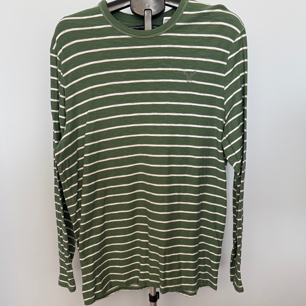 Vintage American Eagle Outfitters Green and White Striped Long Sleeve Tee